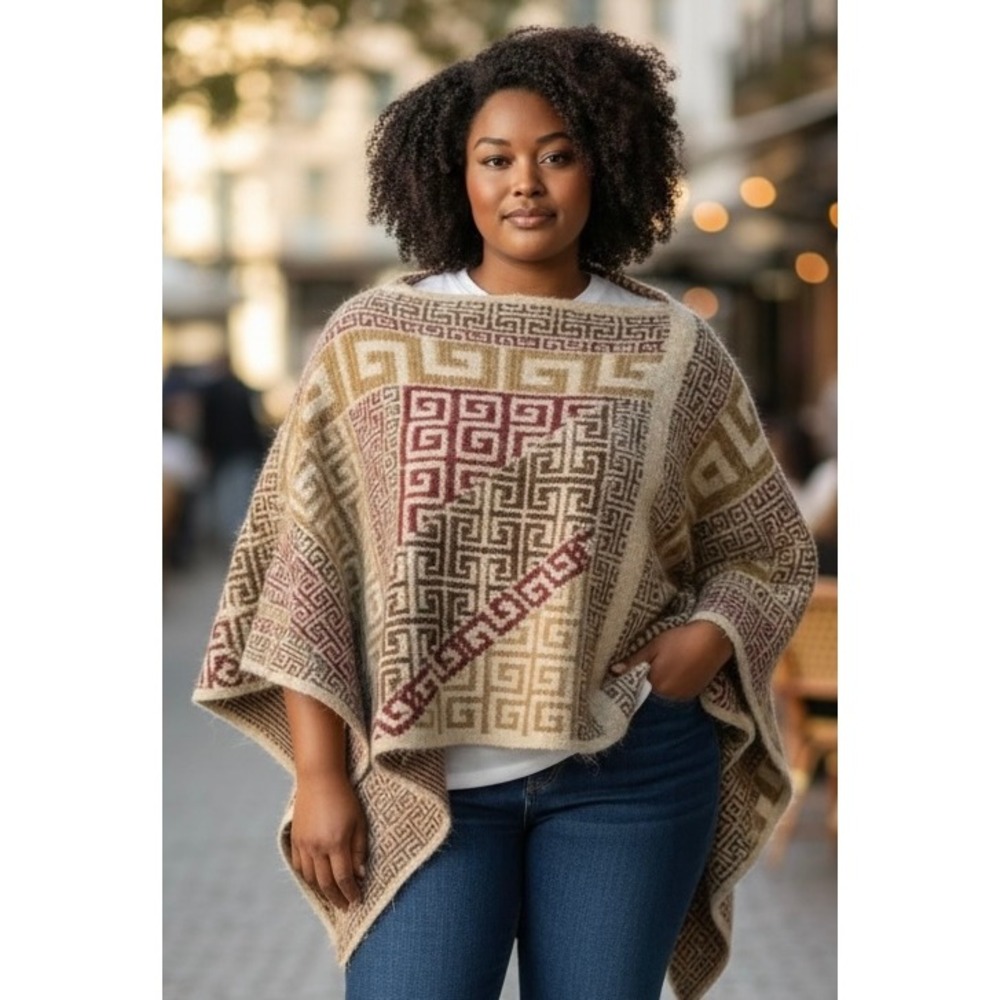 Do Everything In Love Greek Key Geometric Knit Poncho Wrap Tan Burgundy One Size